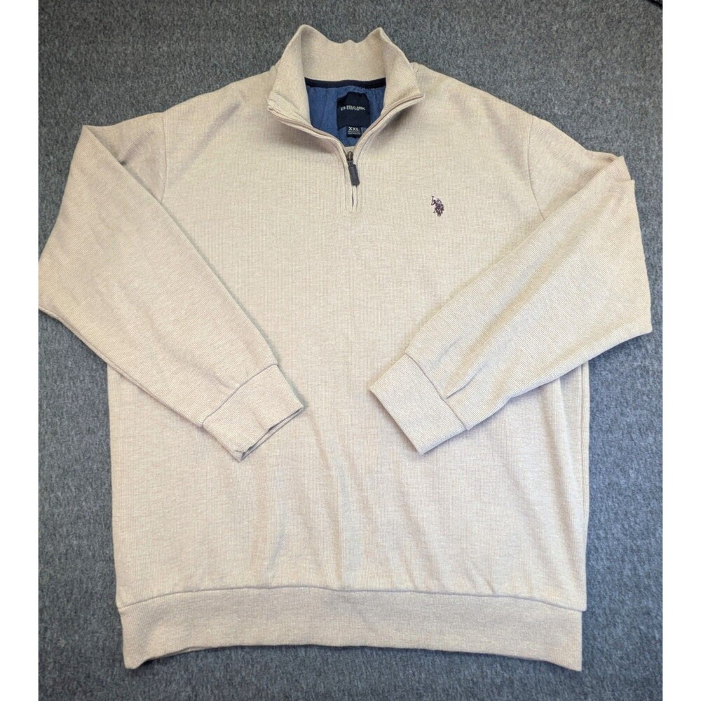 US Polo Assn Mens 2XL Beige Quarter Zip Pullover Sweater Embroidered Logo